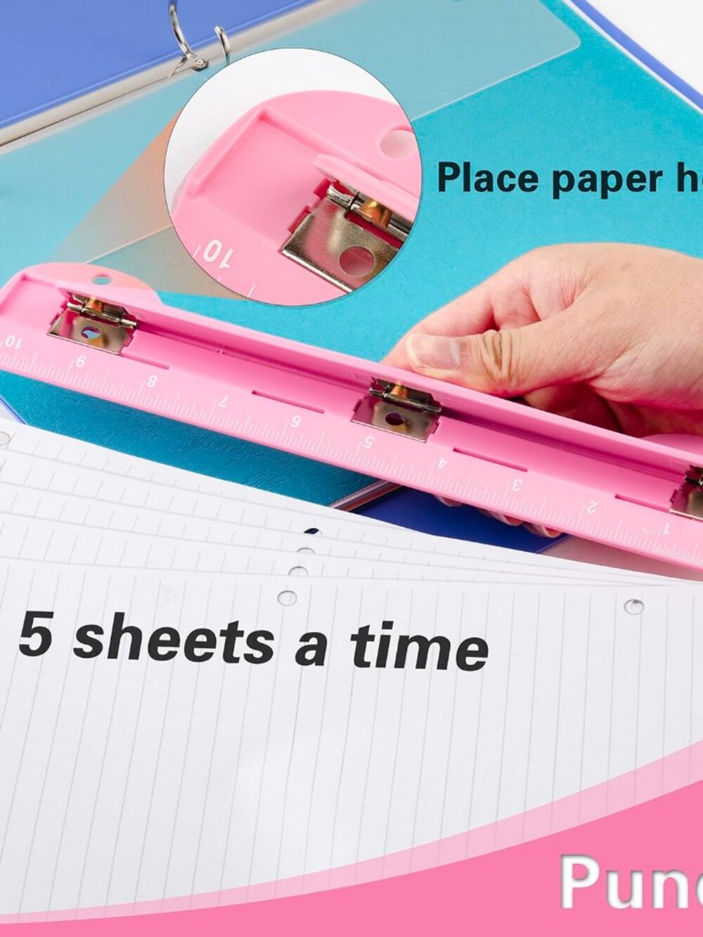 3 Ring Hole Puncher for Binders,Pink,with 10" Ruler, Plus Paper-chip Tray Design - Picture 3 of 6